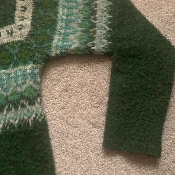 Vintage Y2K Wool Sweater 90s V Neck Cropped Fair Isle Bulldog Green Blue - Picture 8 of 13